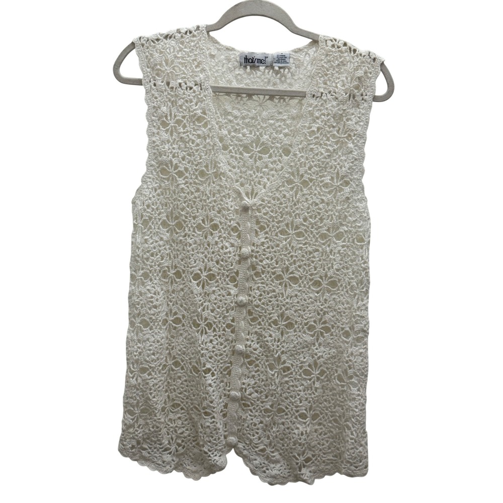 VTG that's me Womens White Crochet Lace‎ Button Front Sleeveless Vest Top Small